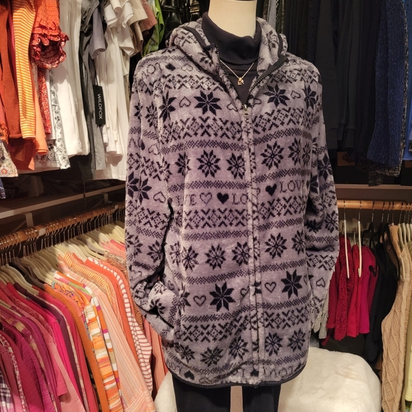 NO BOUNDARIES Plush Black 'n Gray LOVE 🖤's 'n Snowflakes Zip Hoodie Jacket XXL - Picture 1 of 11